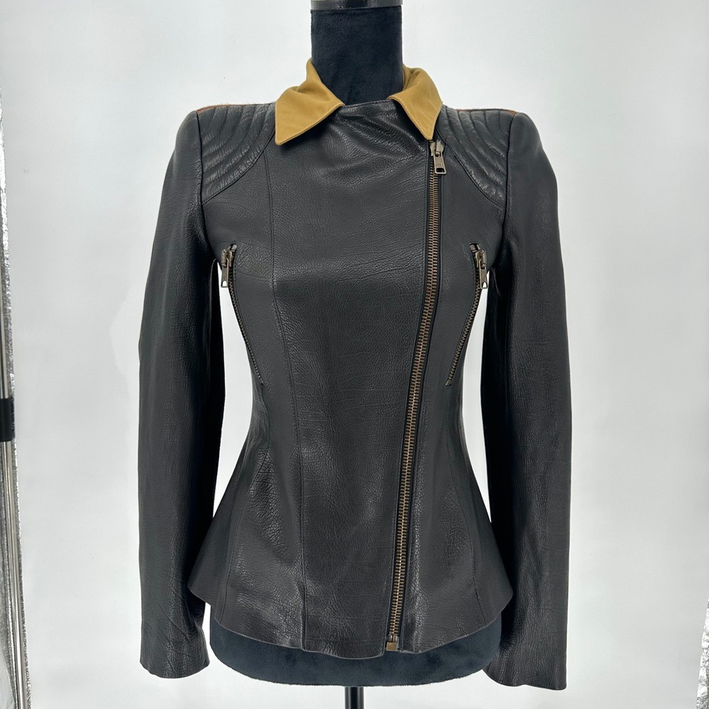 Alexander McQueen Black Nappa Leather Leopard Moto Jacket Italy 38 US 2 Luxury